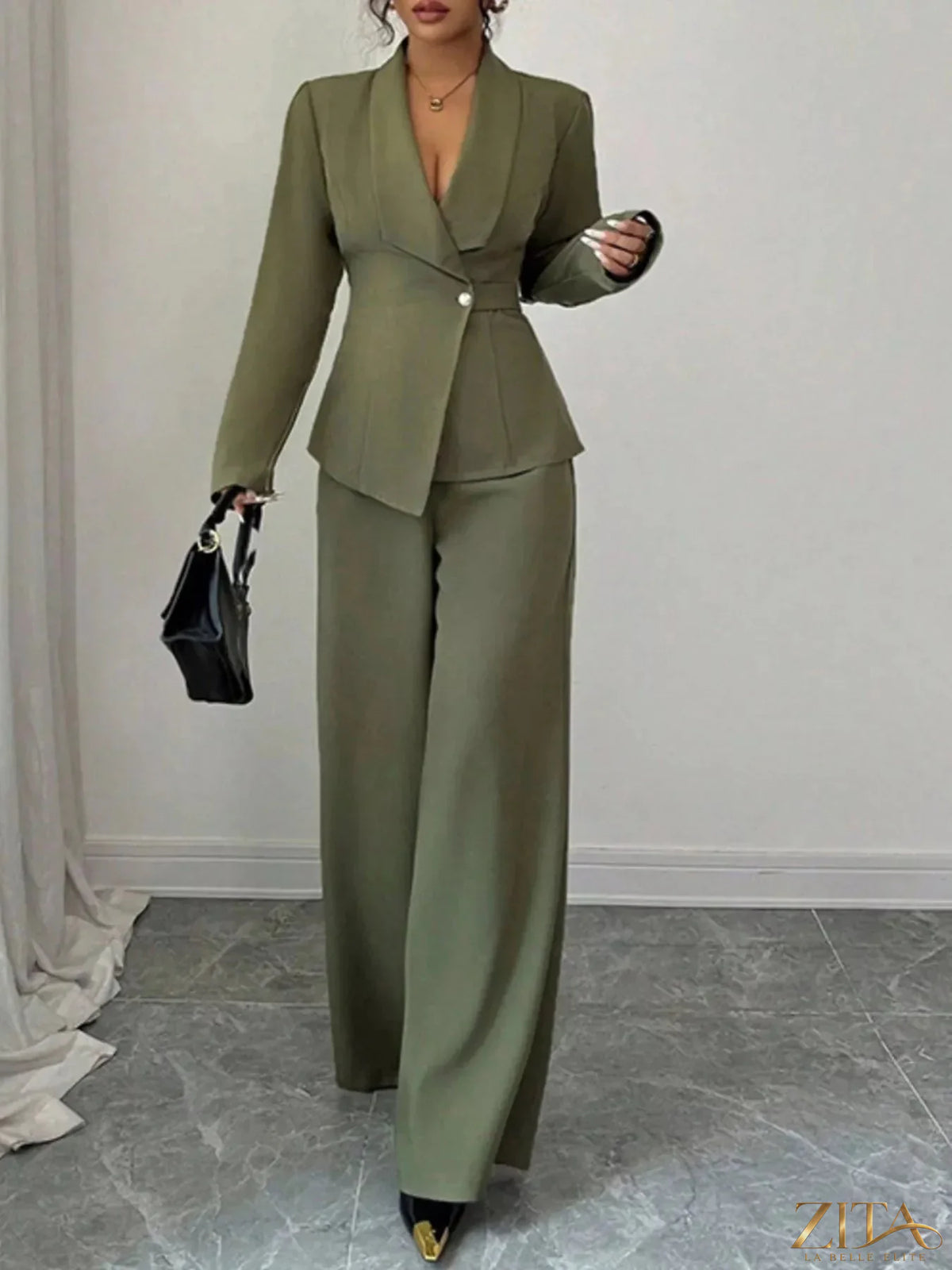 Zita La Belle Elite one-button blazer and matching pants set, tailored fit, in classic black fabric, styled for a sophisticated look.