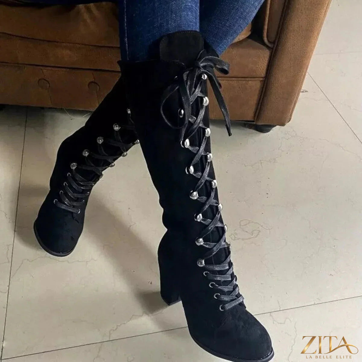 Zita La Belle Elite lace-up block heels boots with chunky heel and stylish design, shown in a sleek black finish.