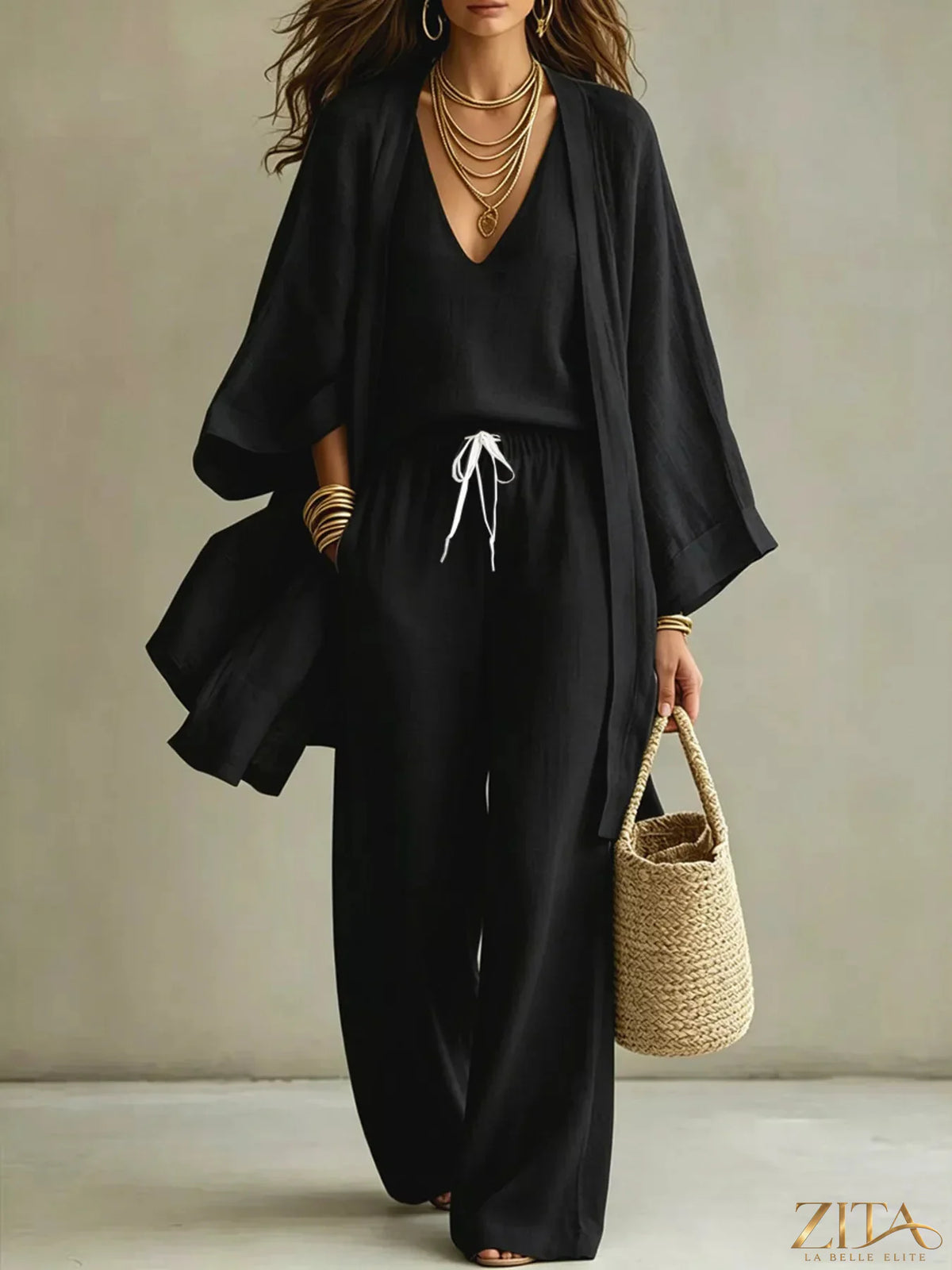 Zita La Belle Elite two-piece V-neck top and cardigan with matching pants set, casual elegant clothing ensemble.