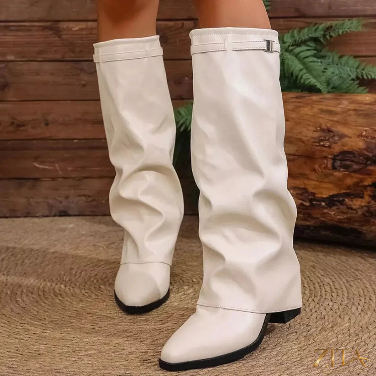 Zita La Belle Elite point toe block heel boots with sleek black leather finish and stylish ankle height.