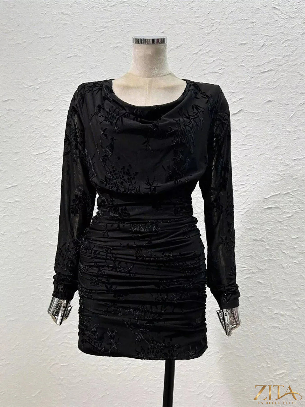 Trendsi ruched long sleeve mini dress in black, featuring fitted silhouette and stylish design for a chic, casual look.