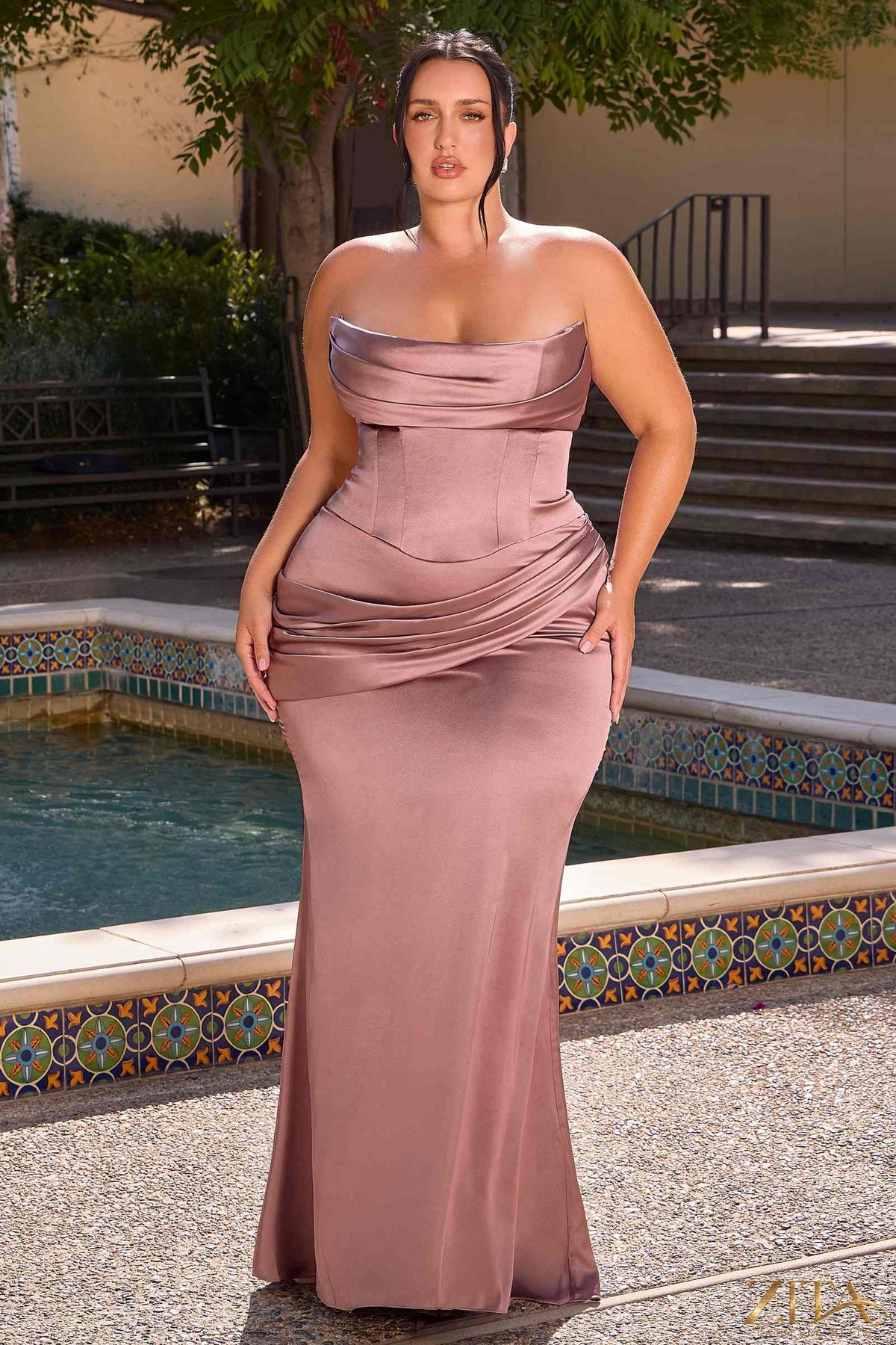 Elegant rosewood satin strapless two-piece fitted gown by Zita La Belle Elite, showcasing a sleek, high-quality dress design.