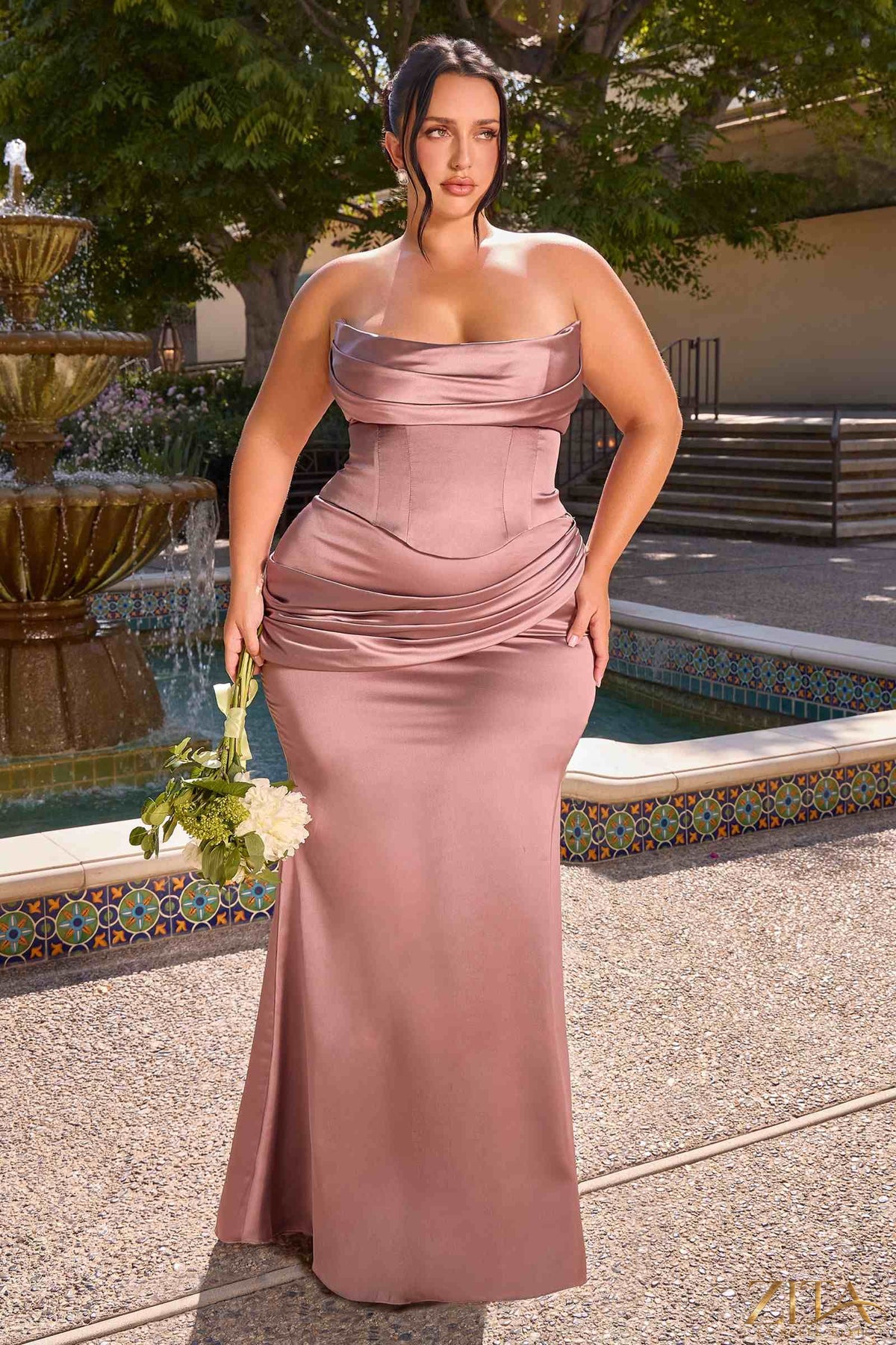 Zita La Belle Elite luxe satin strapless two-piece fitted gown in rosewood color, front view showcasing elegant design.