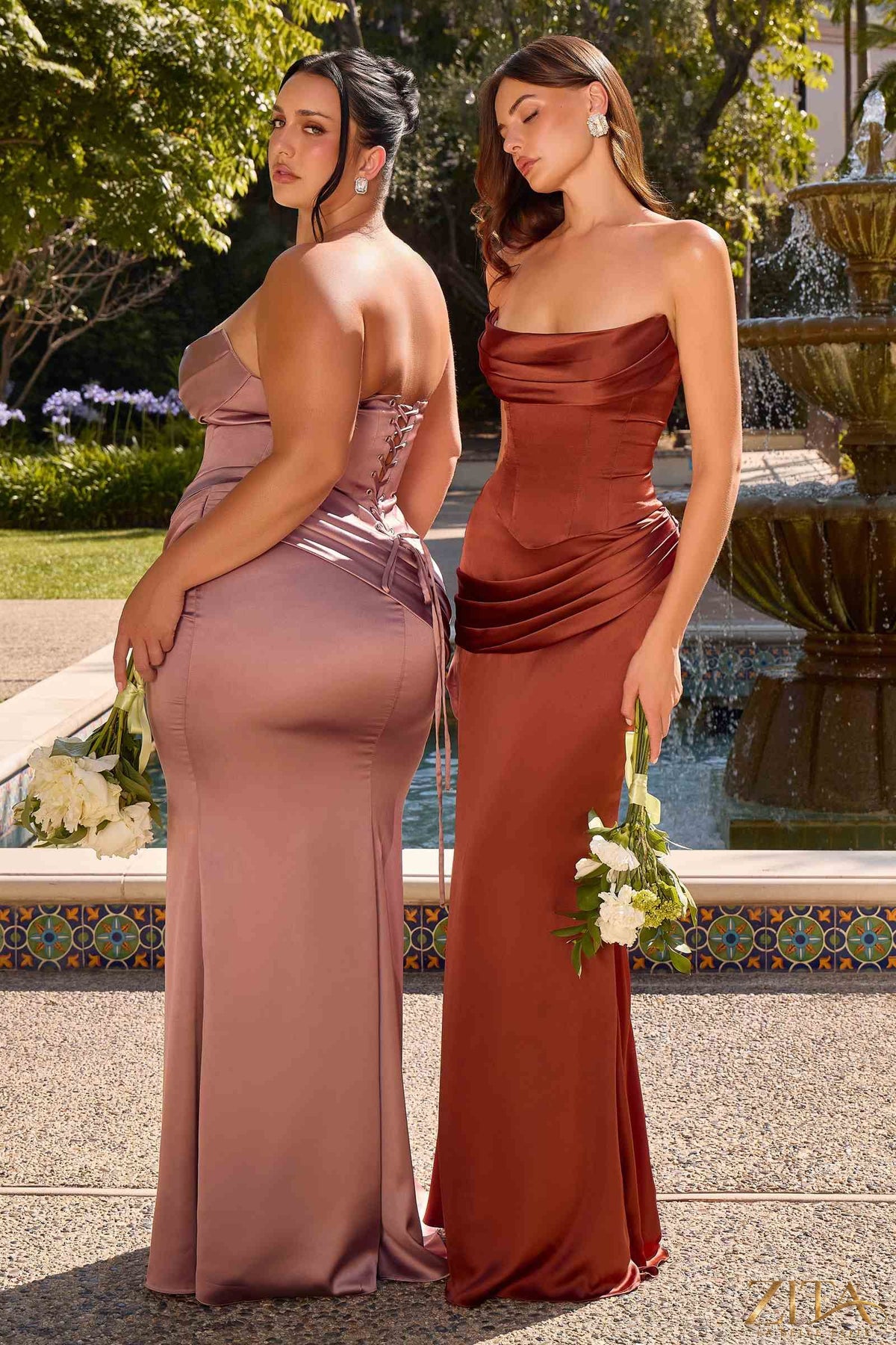 Elegant rosewood satin strapless two-piece fitted gown by Zita La Belle Elite, showcasing a luxurious dress with a sleek silhouette.