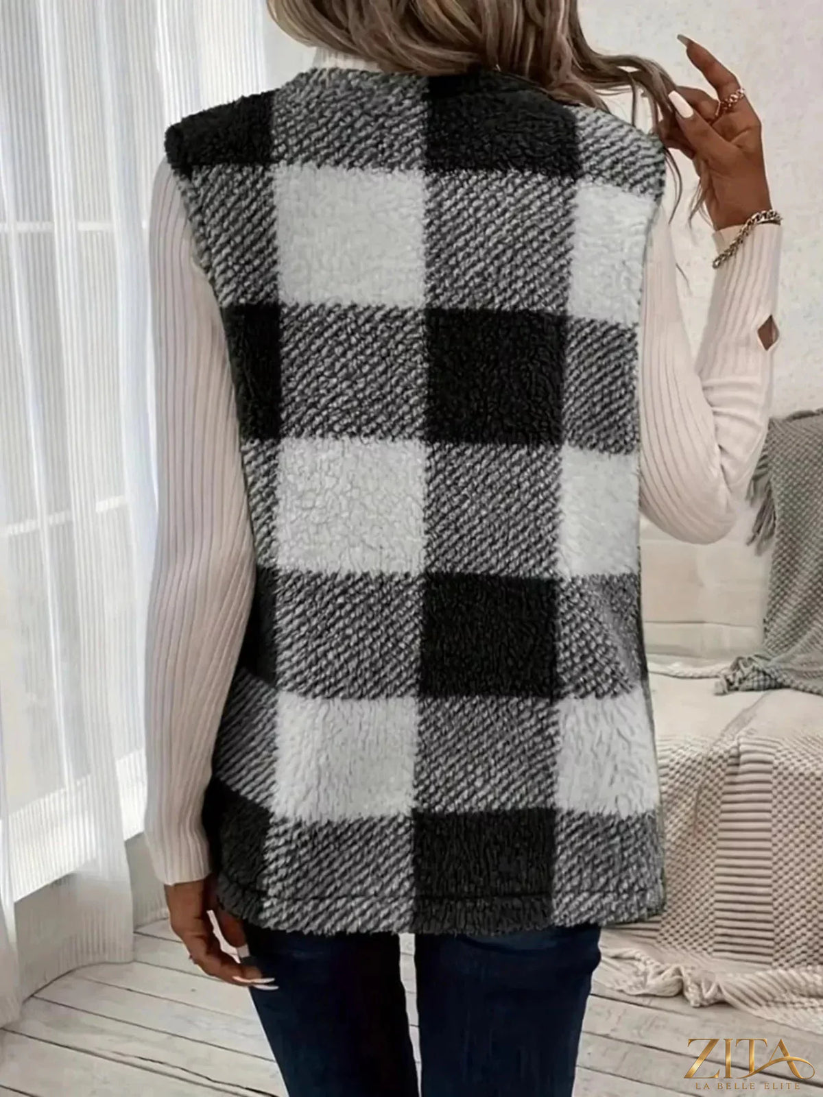 Zita La Belle Elite cozy plaid sherpa vest coat with warm lining, featuring a stylish plaid pattern and front button closure.