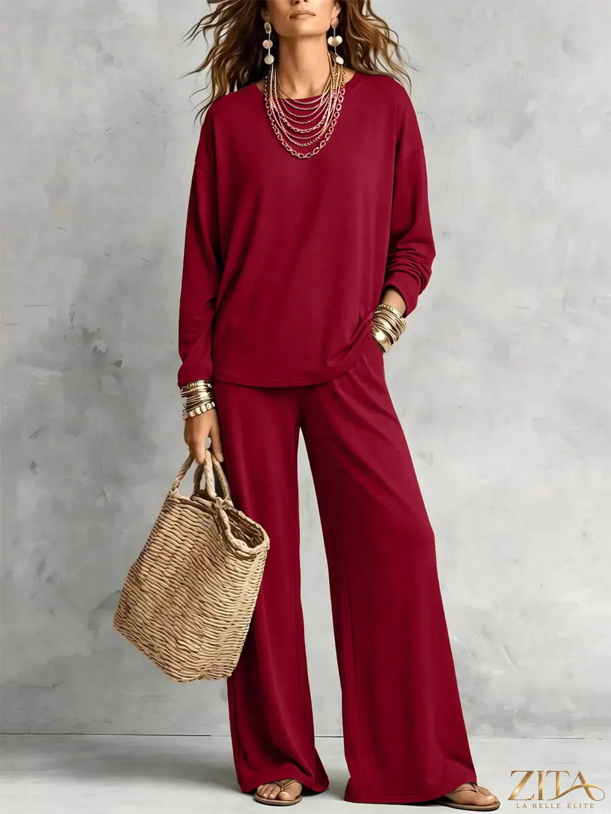 Zita La Belle Elite round neck T-shirt and wide-leg pants set, casual outfit with beige top and loose trousers, relaxed style.