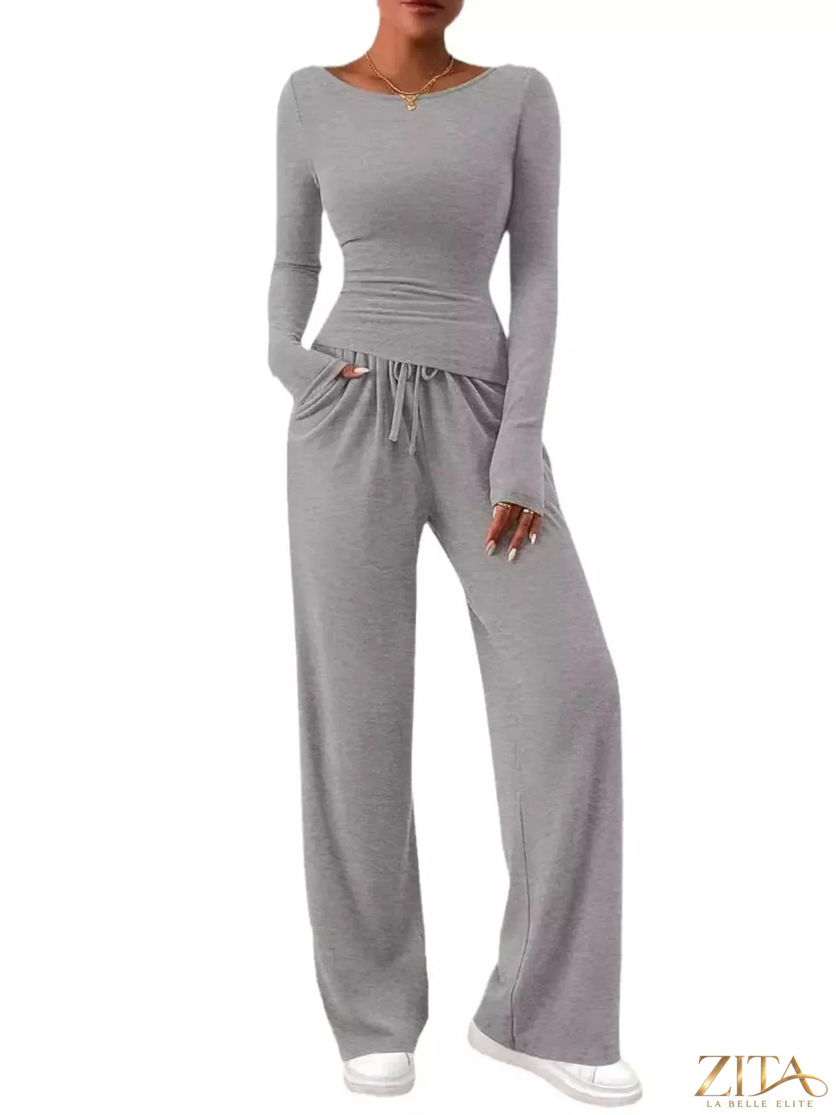 Zita La Belle Elite long sleeve top and wide-leg pants set in soft fabric, shown in a stylish, coordinated outfit.