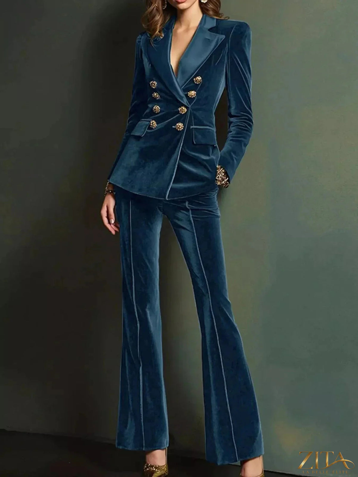Velvet double-breasted blazer and flare pant set by Zita La Belle Elite, shown in rich, deep velvet fabric with tailored fit.