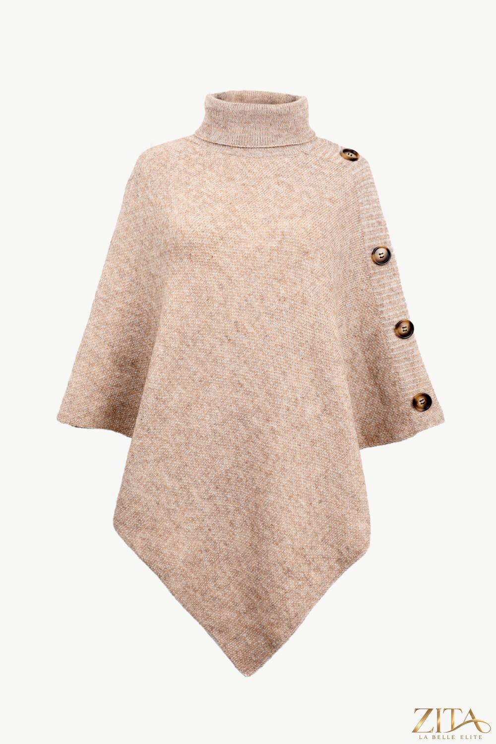 Zita La Belle Elite turtleneck buttoned poncho in cozy knit fabric, featuring a high neckline and button accents.