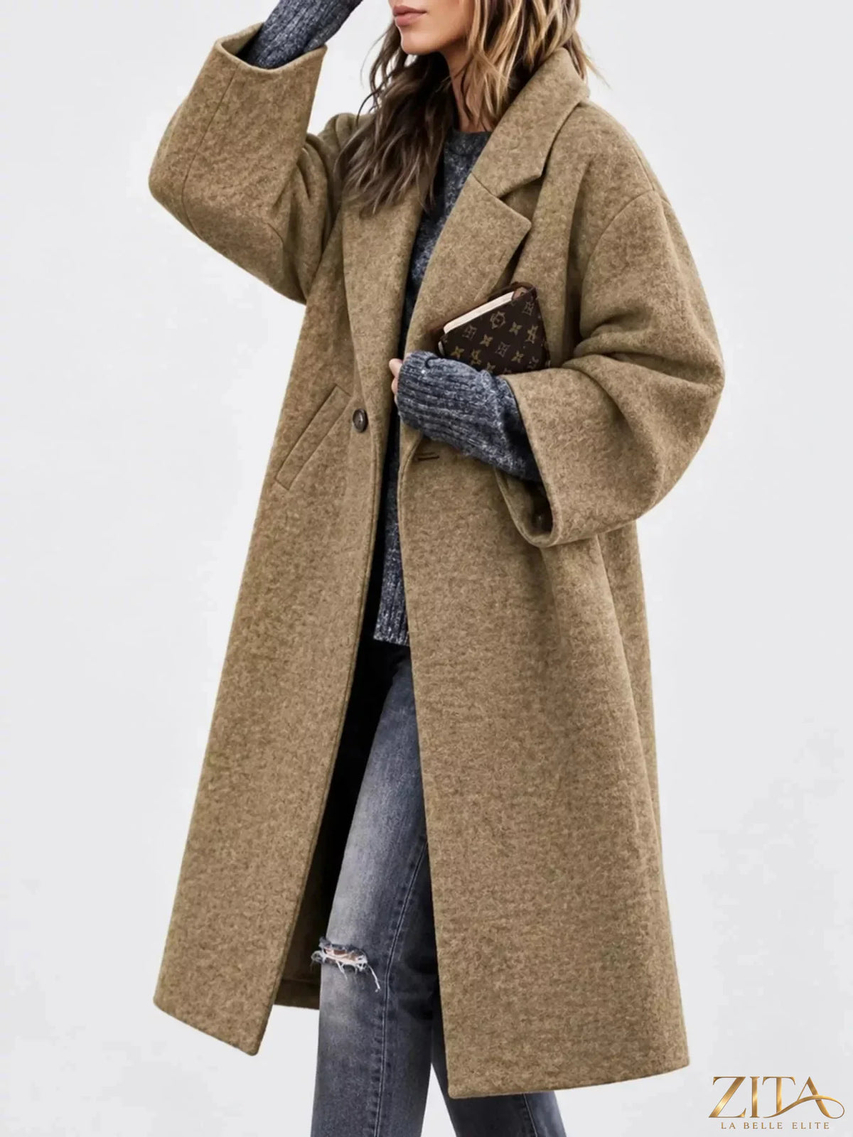 Plus size Zita La Belle Elite full size lapel collar coat with one button closure, stylish and warm outerwear.