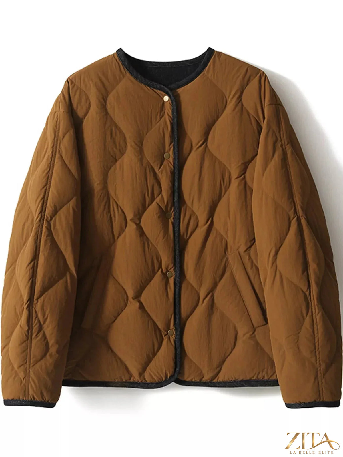 Zita La Belle Elite diamond-quilted lightweight reversible down jacket in a cropped style, showcasing its sleek design and stitching details.
