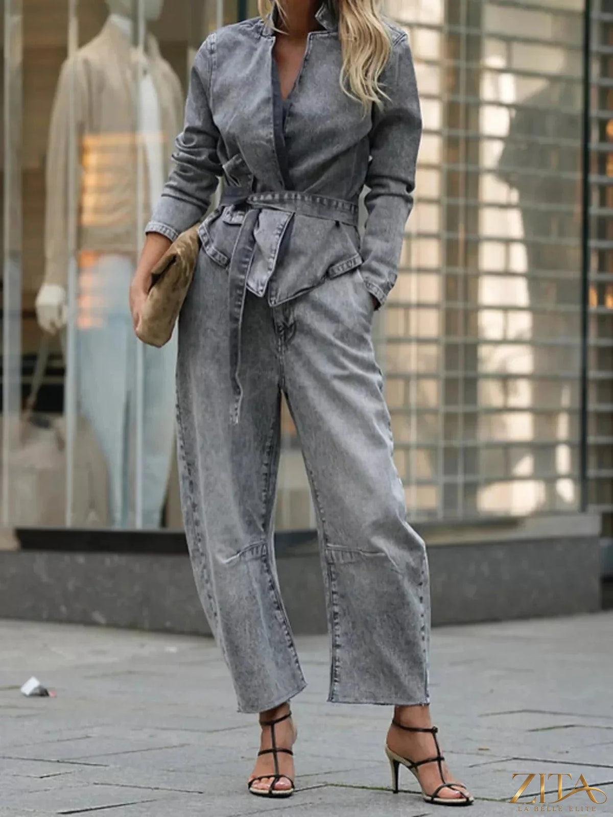 Zita La Belle Elite long sleeve top and wide-leg denim jeans set, stylish casual outfit with a fitted top and flowing jeans.