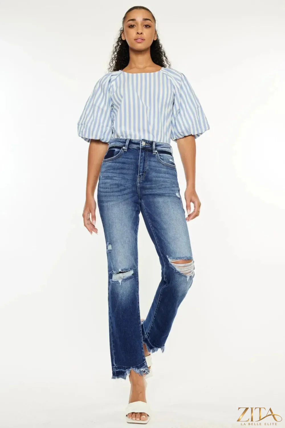 Zita La Belle Elite Kancan high rise distressed slim straight jeans, light wash denim with rips and frayed hems, front and back view.