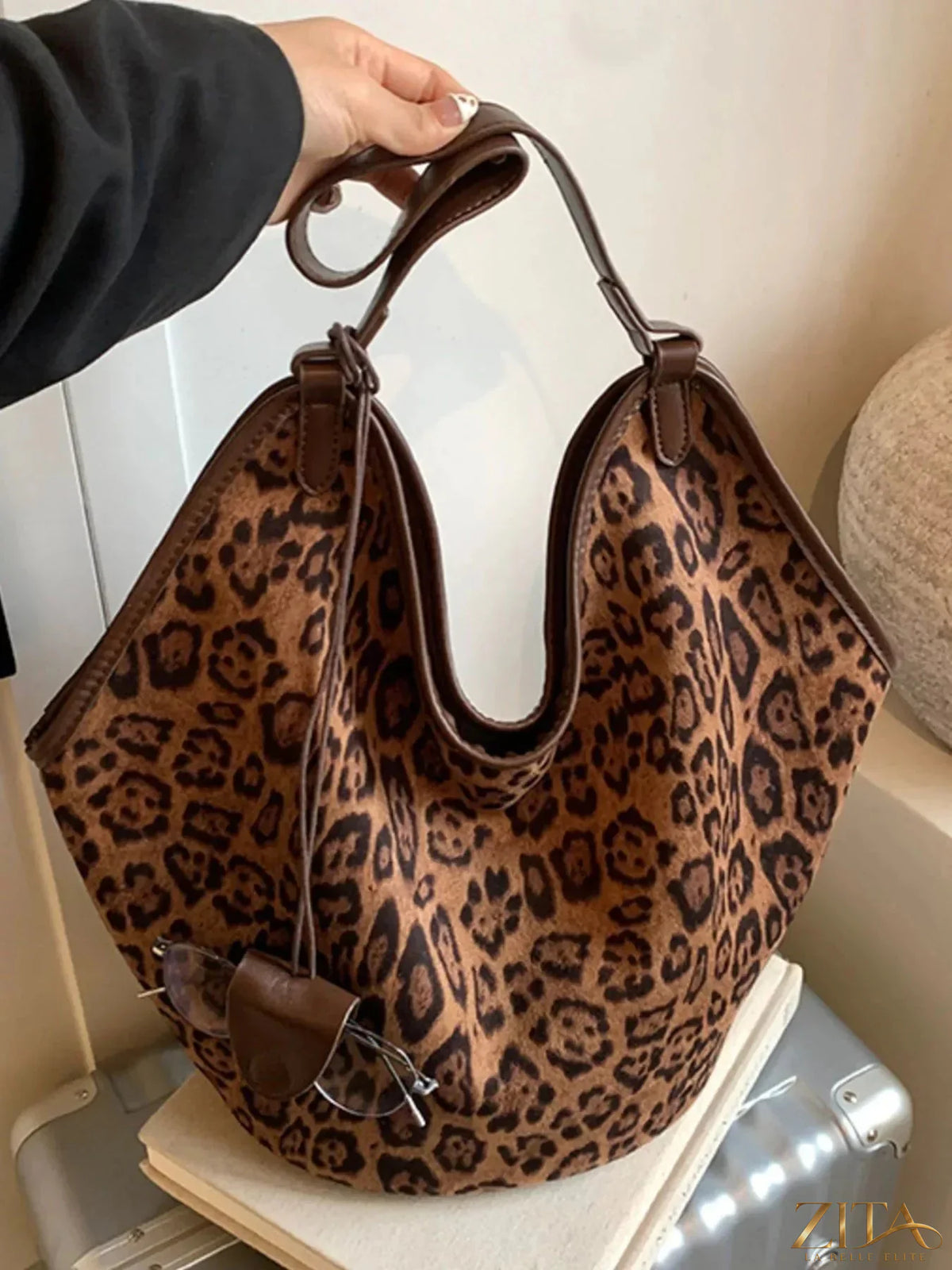 Leopard print large tote bag by Zita La Belle Elite showing sturdy handles and spacious interior design.