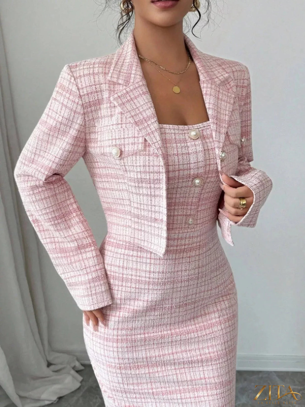 Zita La Belle Elite tweed square neck dress with matching cardigan set, stylish and elegant for sophisticated occasions.