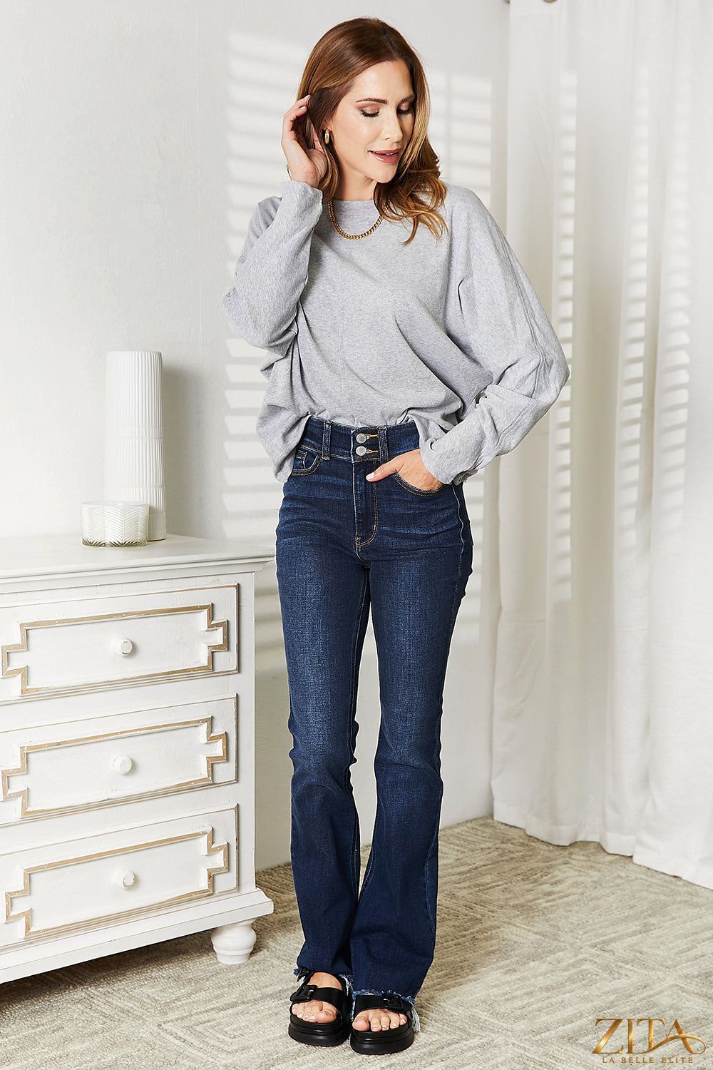 Zita La Belle Elite double take long sleeve top with seam detail and round neckline, stylish women's fashion top.