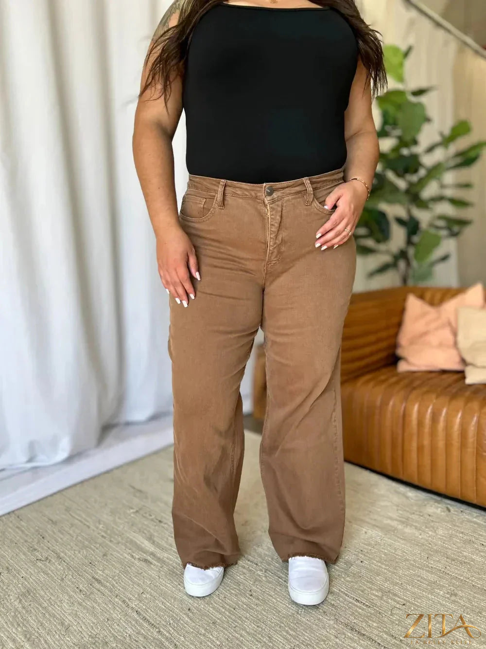 Zita La Belle Elite RFM full size high rise garment dye wide leg jeans shown with a relaxed fit and classic denim wash.