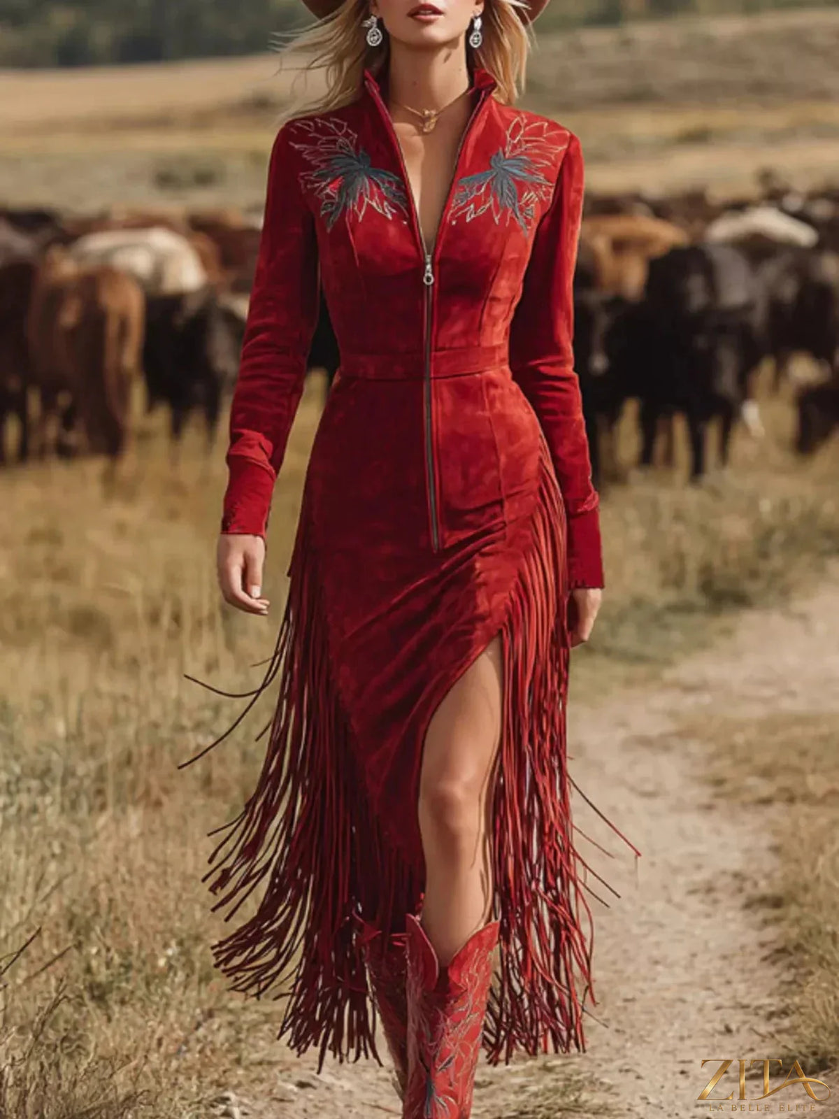 Trendsi Fringe Zip-Front Midi Dress with flowy fabric and stylish fringe details, front zipper closure, on a model.