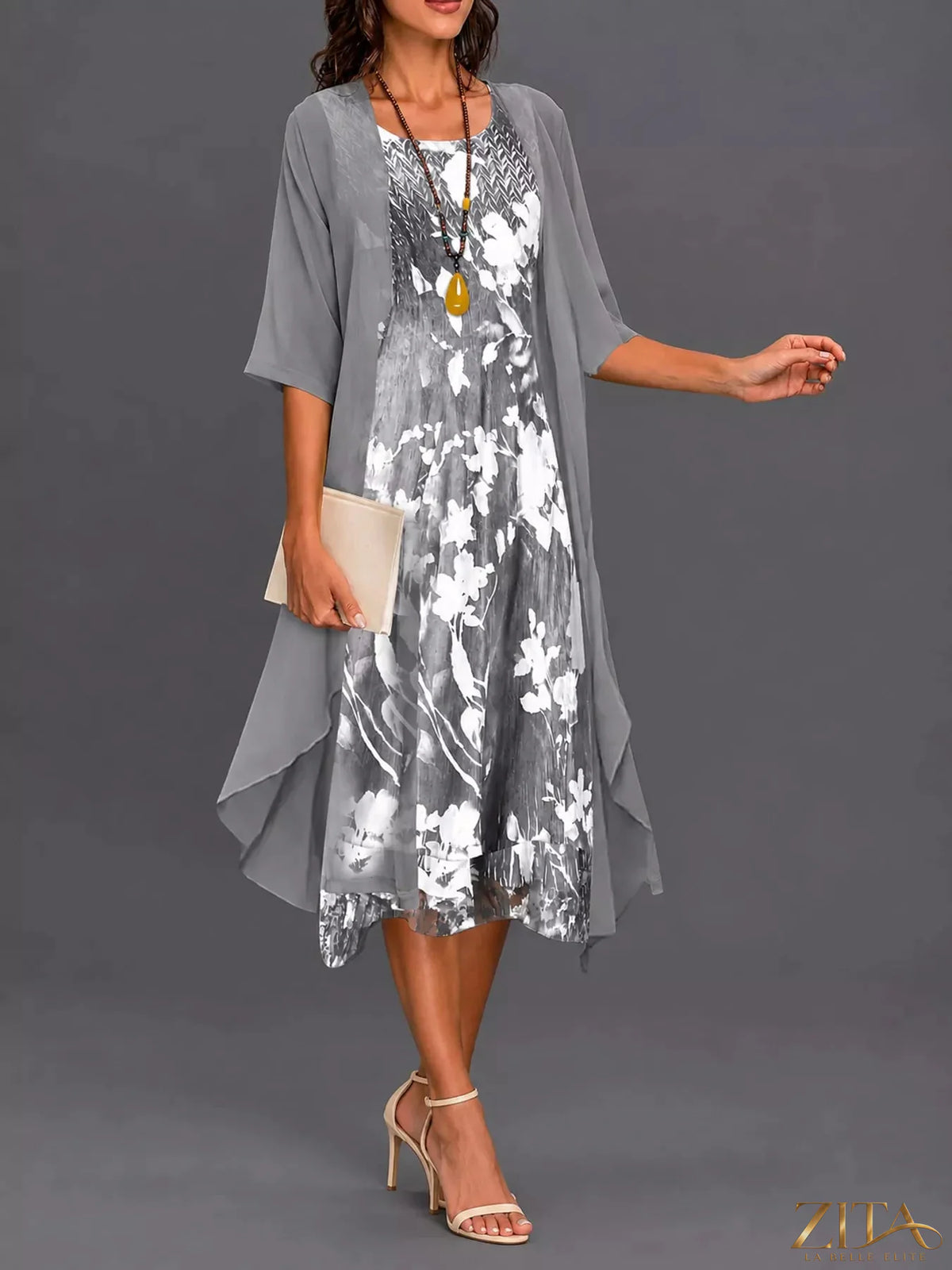 Plus size Zita La Belle Elite floral print midi dress with chiffon cardigan set, featuring vibrant blooms and lightweight fabric.