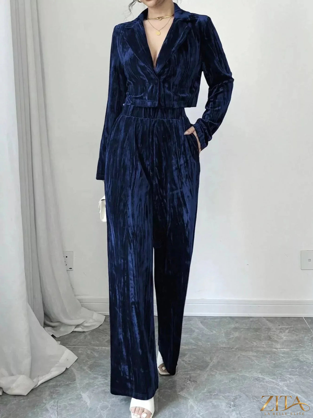 Zita La Belle Elite pleated velvet blazer and wide-leg pants set, stylish formal women's outfit with elegant pleats and rich velvet fabric.