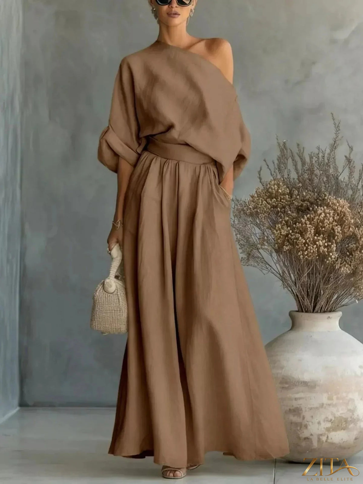 Zita La Belle Elite plus size full size one-shoulder top and wide-leg pants set, stylish and comfortable for casual wear