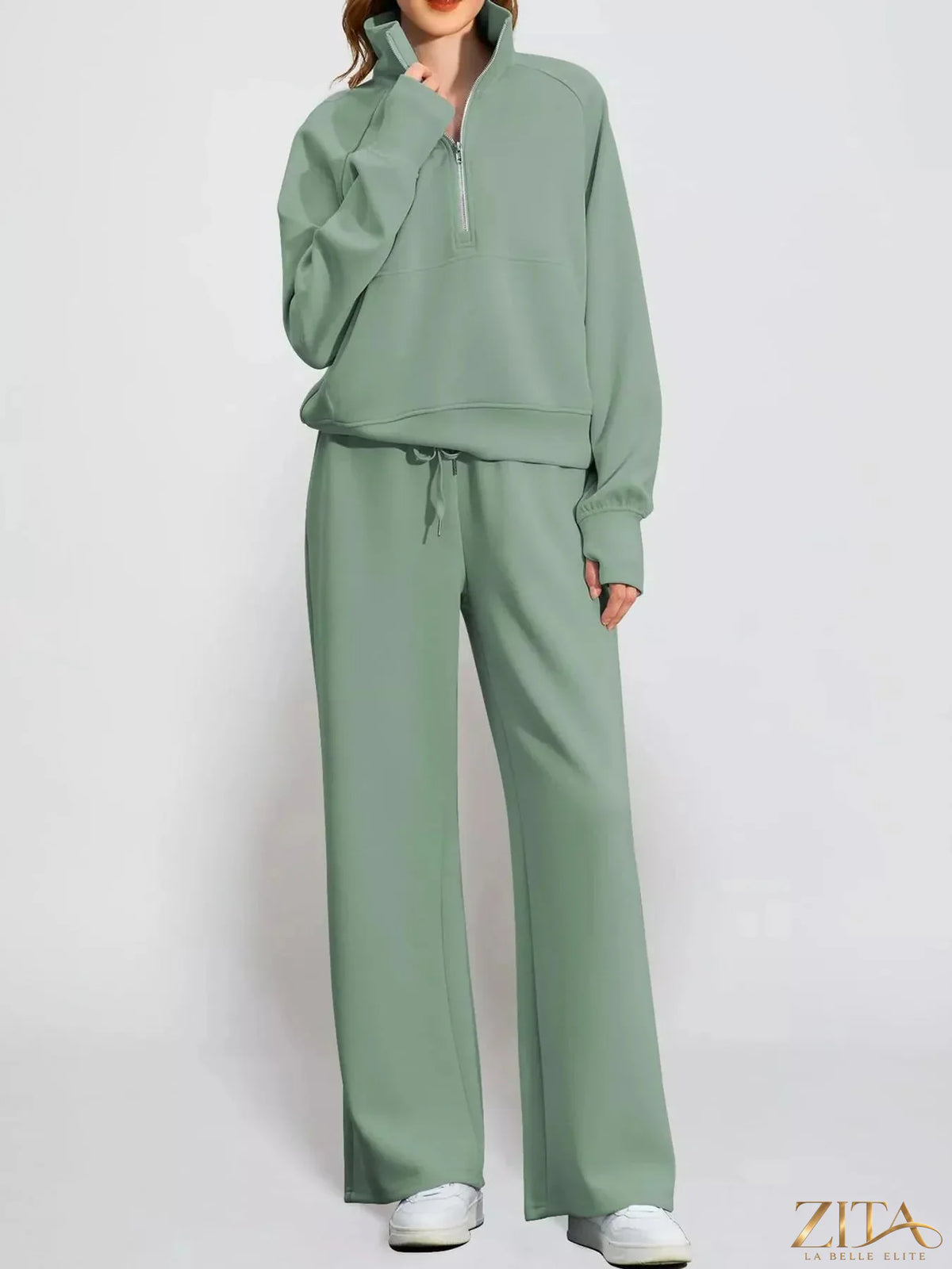 Zita La Belle Elite half-zip sweatshirt and wide-leg pants set in soft fabric, shown in a stylish casual outfit.