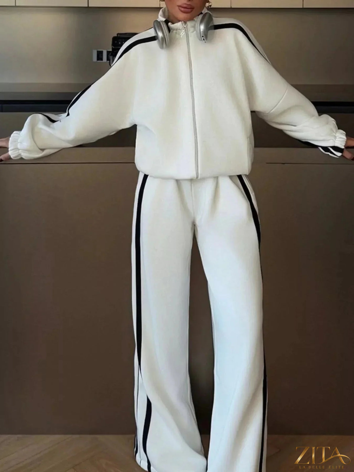 Zita La Belle Elite side stripes zip-up top and pants set, stylish athleisure outfit with side stripe details and a zip front design.