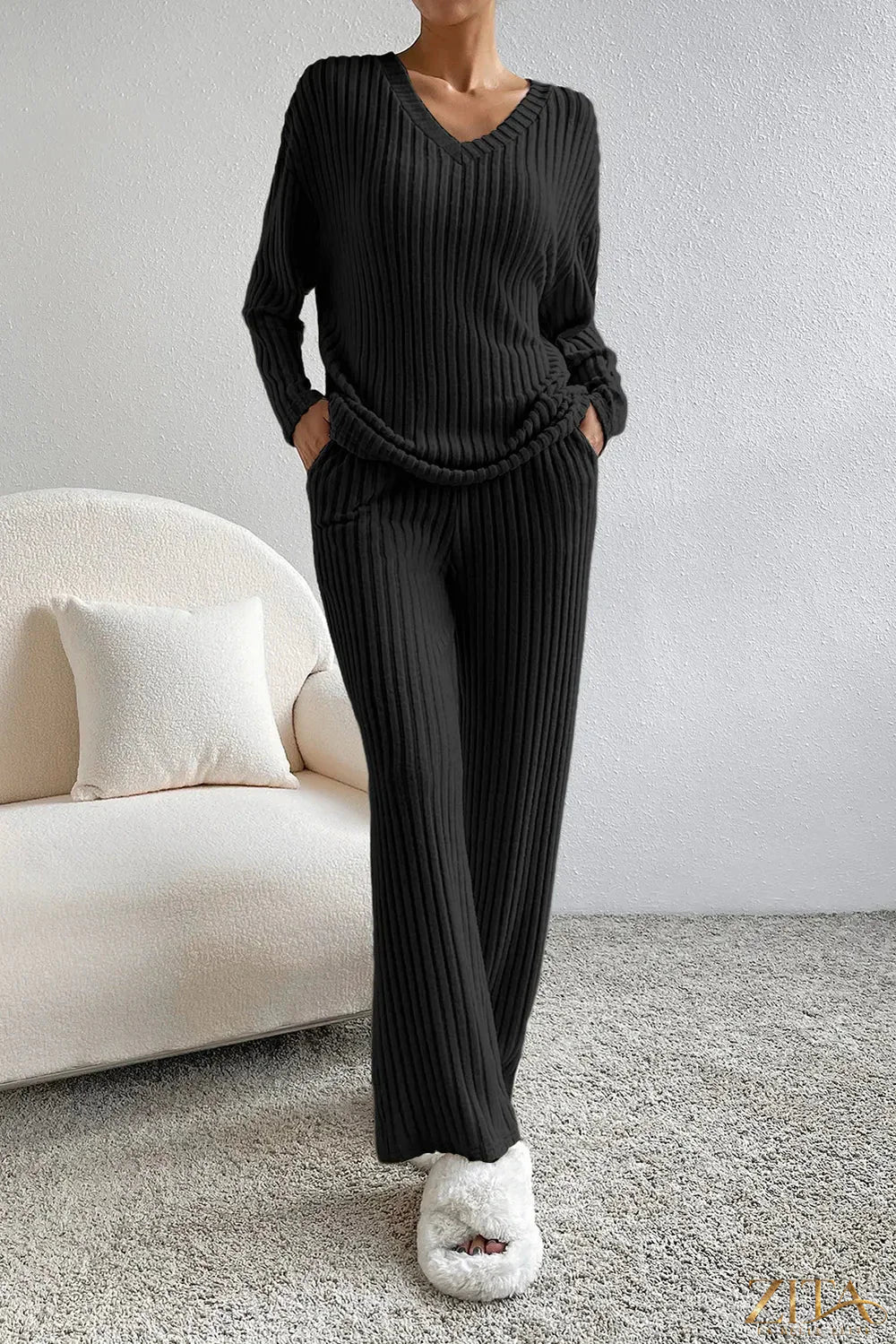 Zita La Belle Elite ribbed V-neck top and matching pants lounge set, soft fabric, comfortable casual wear in neutral tones.