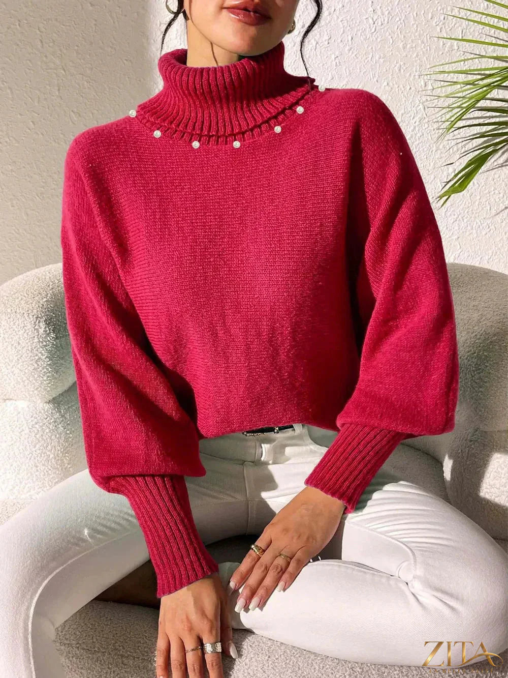 Zita La Belle Elite turtleneck long sleeve sweater in cozy knit, close-up of beige color and fitted style.