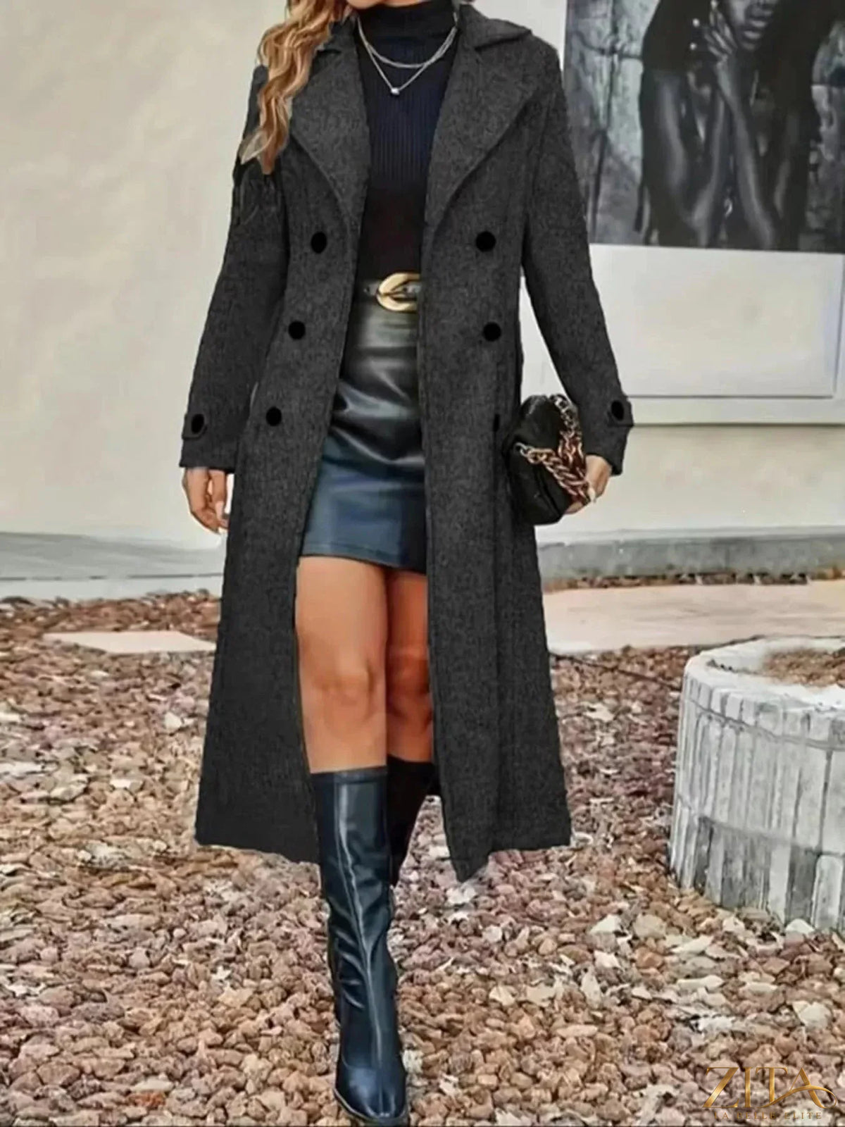 Plus size Zita La Belle Elite double-breasted longline trench coat, full size, shown on a model with classic collar and belt.