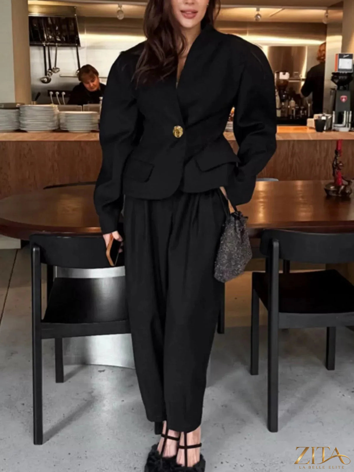 Zita La Belle Elite Puffy Sleeve Blazer and Wide-Leg Pants set, stylish tailored suit with puffed sleeves and wide-leg trousers.