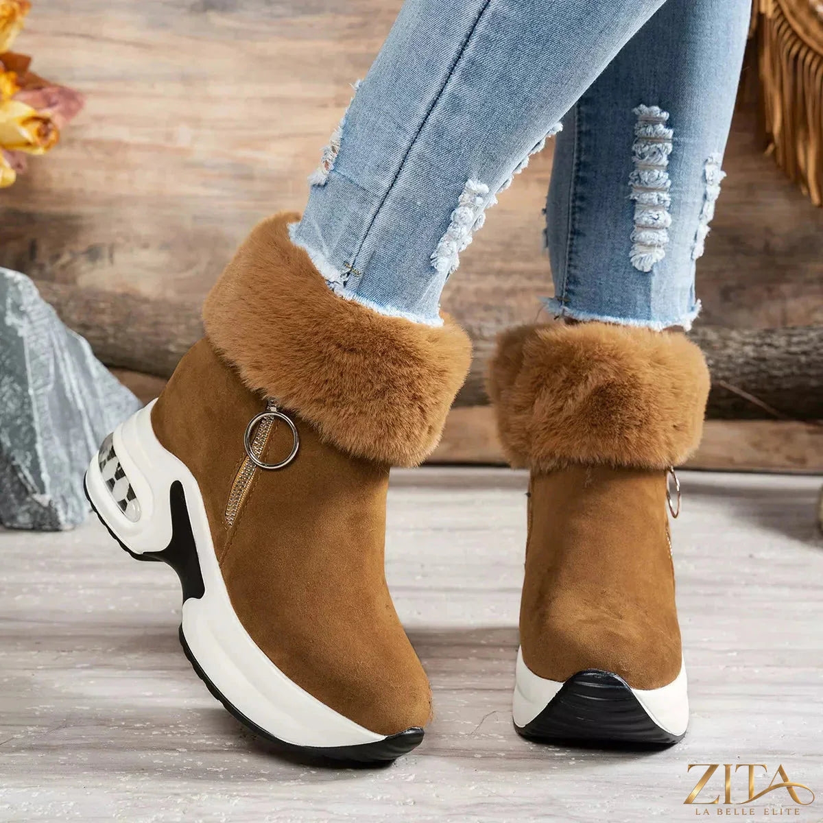 Zita La Belle Elite fuzzy side zipper platform ankle boots with chunky heels and black faux fur accents.