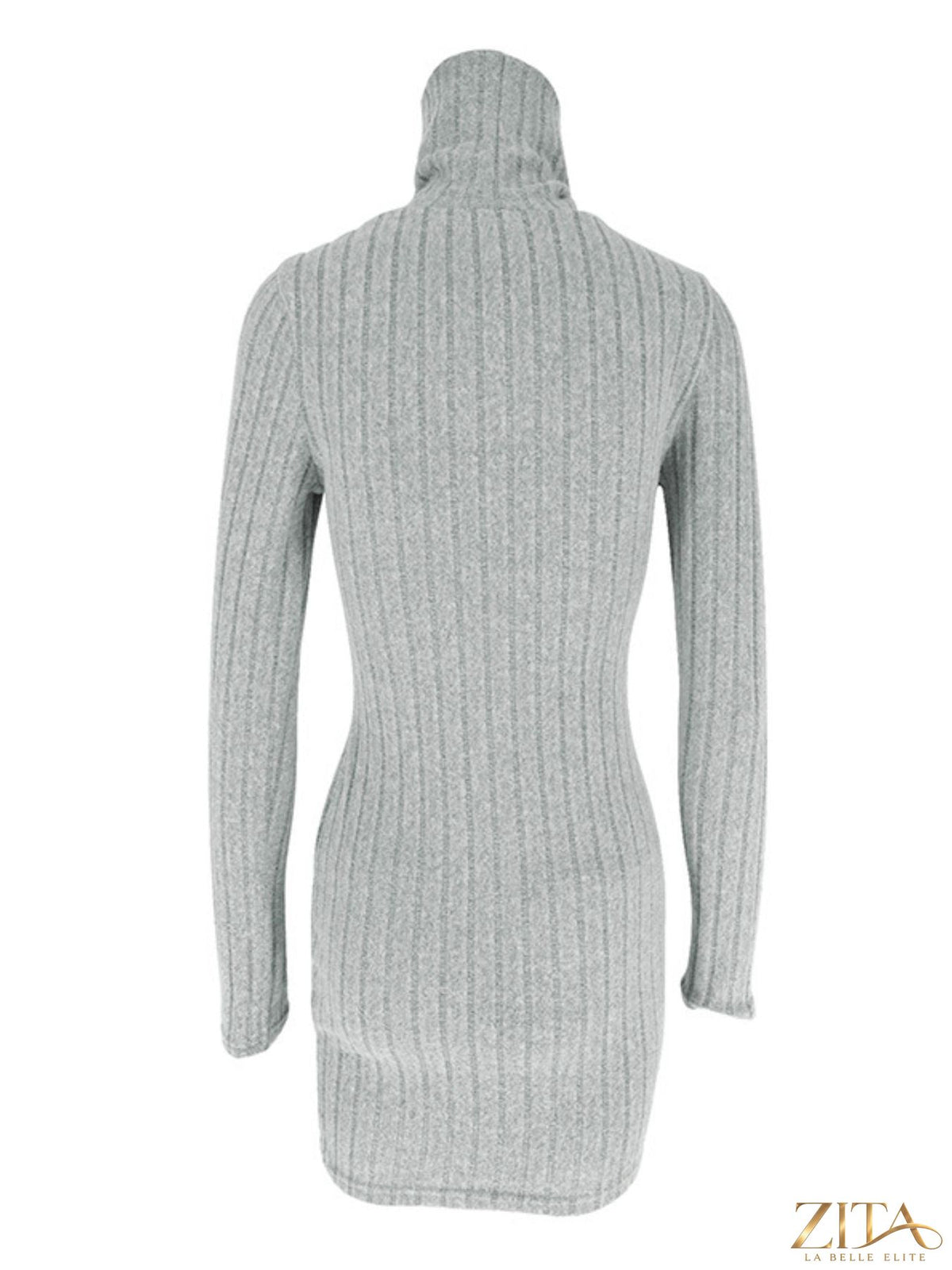 Ribbed black turtleneck bodycon mini dress by Trendsi featuring long sleeves and a fitted silhouette, shown on a model.