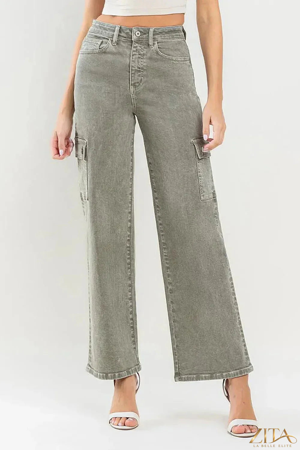 Vervet by Flying Monkey 90's super high rise cargo jeans in dark denim, featuring multiple pockets and a relaxed fit.