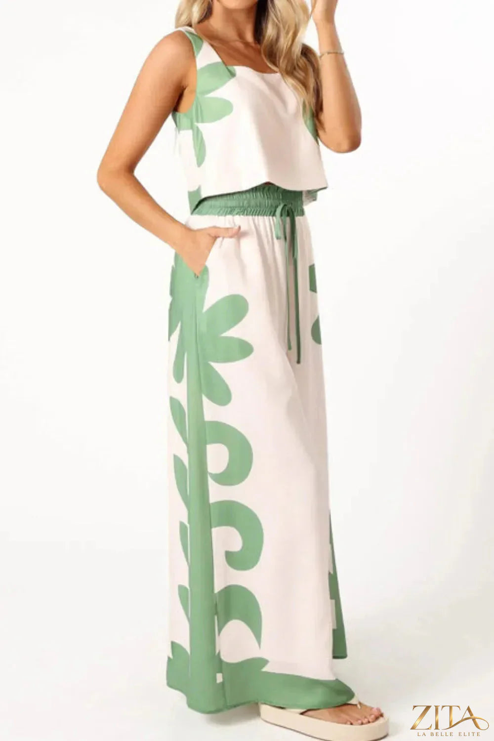 Zita La Belle Elite leaf print tank top and pants set with matching pattern, casual summer outfit, lightweight fabric, front view.