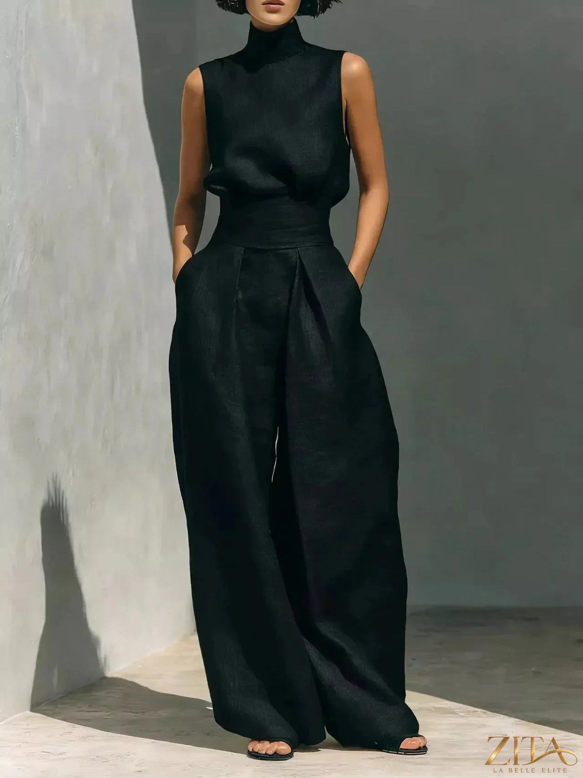 Plus size Zita La Belle Elite sleeveless turtleneck top and wide-leg pants set, showcasing a stylish coordinated outfit.