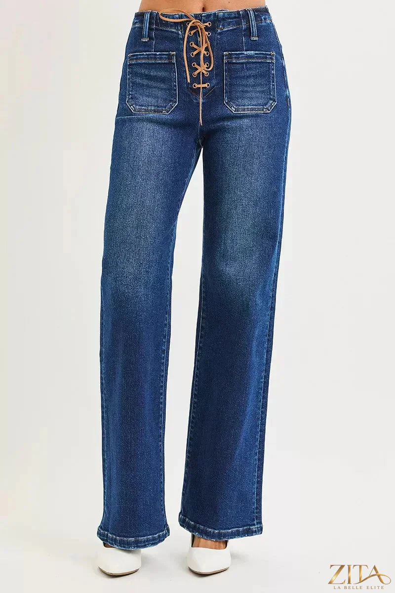 Plus size Zita La Belle Elite RISEN high rise tie-front wide leg jeans, front view showing fit and stylish design.