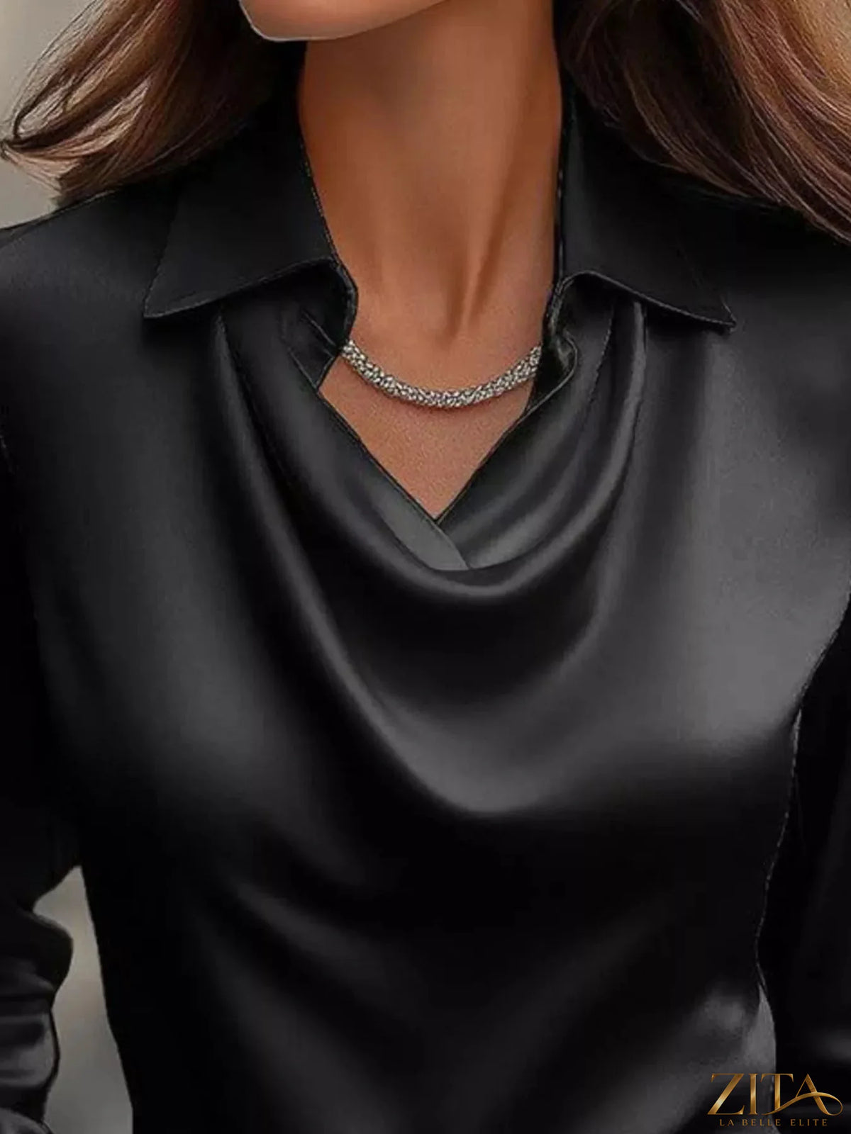 Plus size satin cowl neck long sleeve blouse by Zita La Belle Elite, featuring a sleek, smooth fabric and elegant draped neckline.