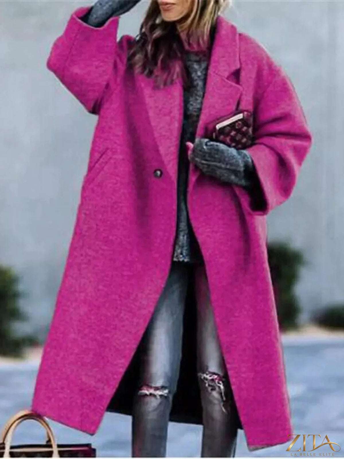 Plus size Zita La Belle Elite full-size coat with lapel collar and one-button front, shown on a model.
