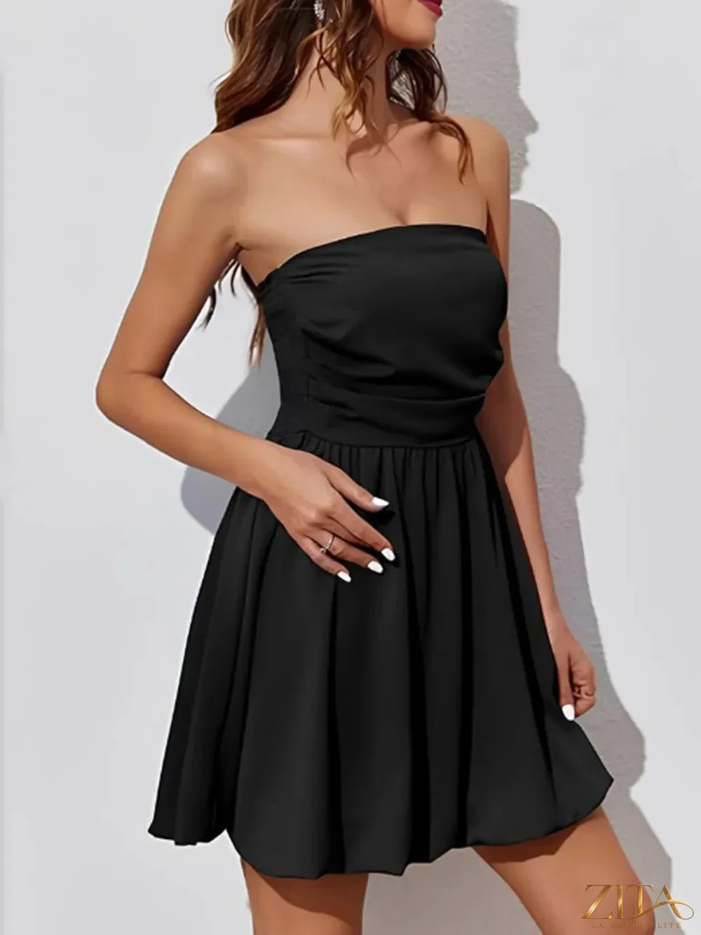 Zita La Belle Elite ruched tube mini dress in black, fitted with gathered fabric detail and sleeveless design for a stylish look