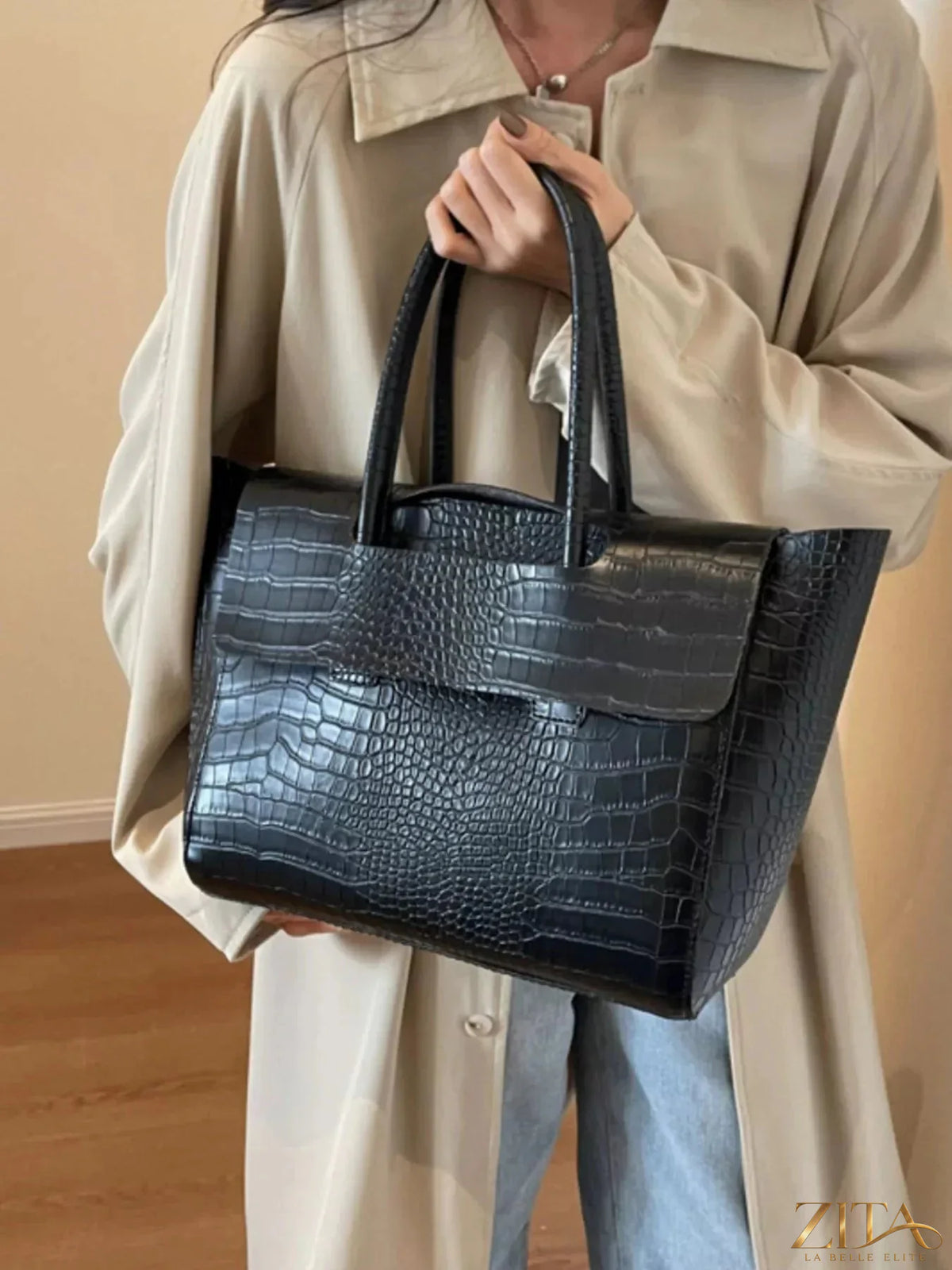 Crocodile embossed tote bag by Zita La Belle Elite featuring a sleek, textured design and sturdy handles for everyday use.