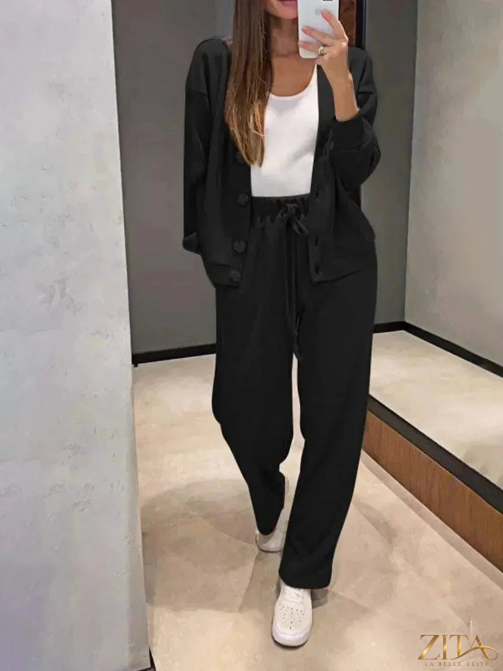Zita La Belle Elite full size button-up long sleeve top and pants set, shown in a stylish, coordinated outfit with a modern design.