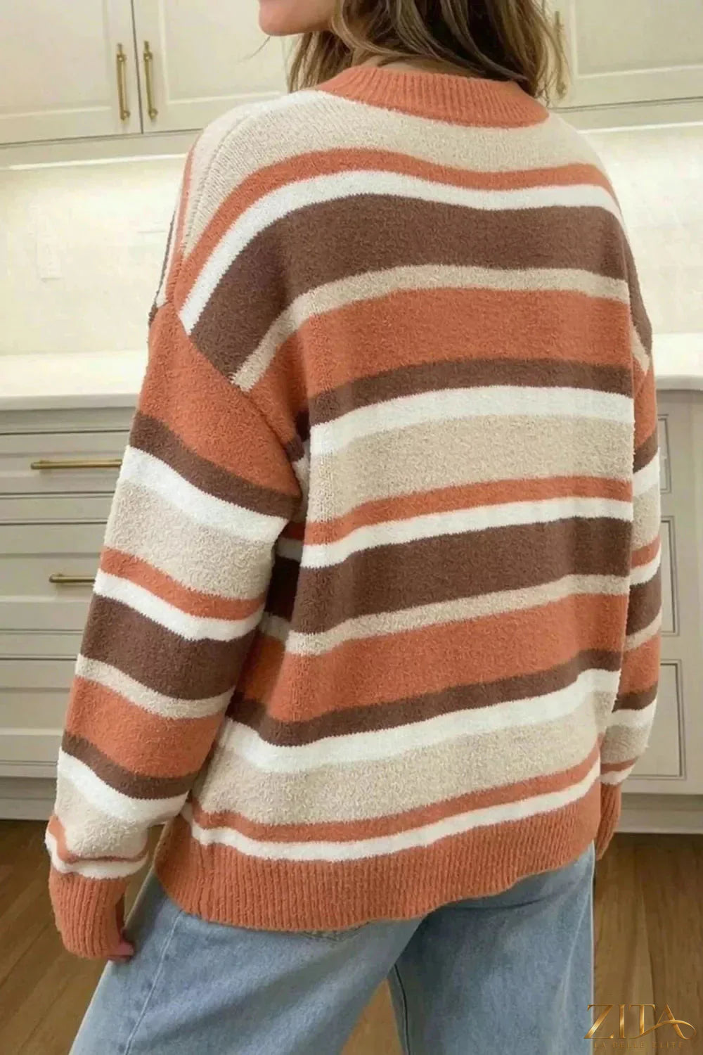 Zita La Belle Elite striped dropped shoulder sweater with casual fit and colorful horizontal stripes, front view.