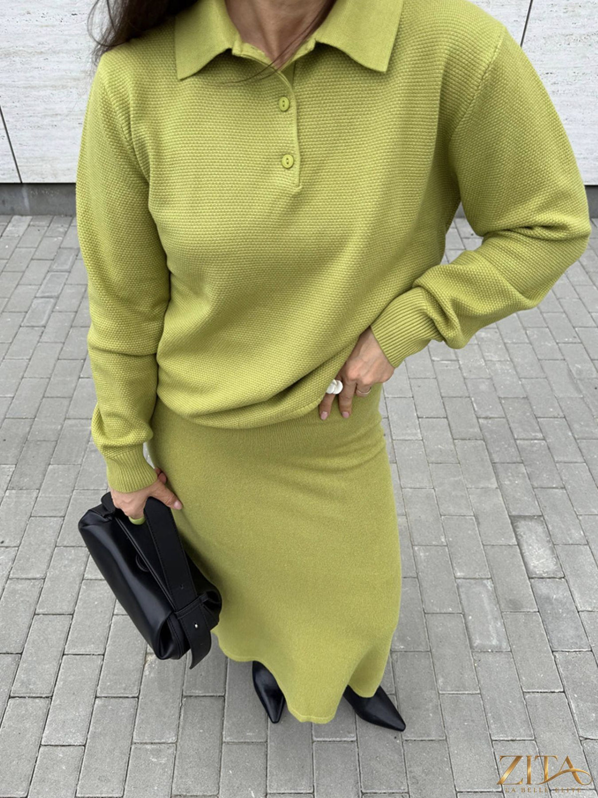 Zita La Belle Elite knit set with polo collar top and matching pants or skirt, featuring a stylish, comfortable design.