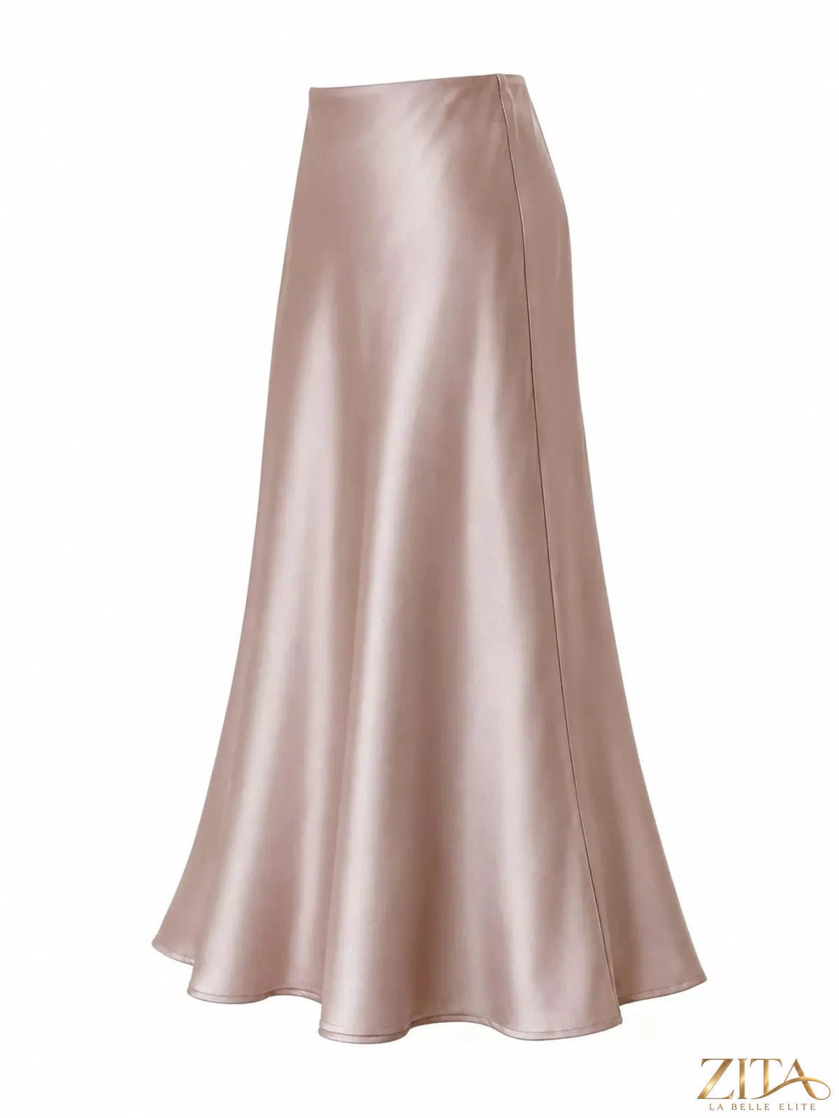 Plus size high-waisted satin midi skirt by Trendsi, full length with smooth, shiny fabric and elegant design.