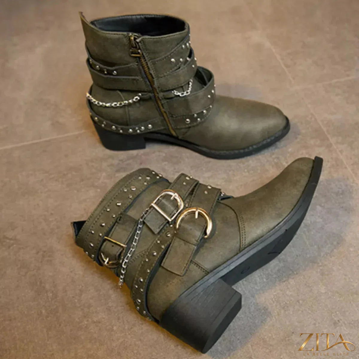 Zita La Belle Elite studded buckle ankle boots with leather finish and side buckle detail on a white background.