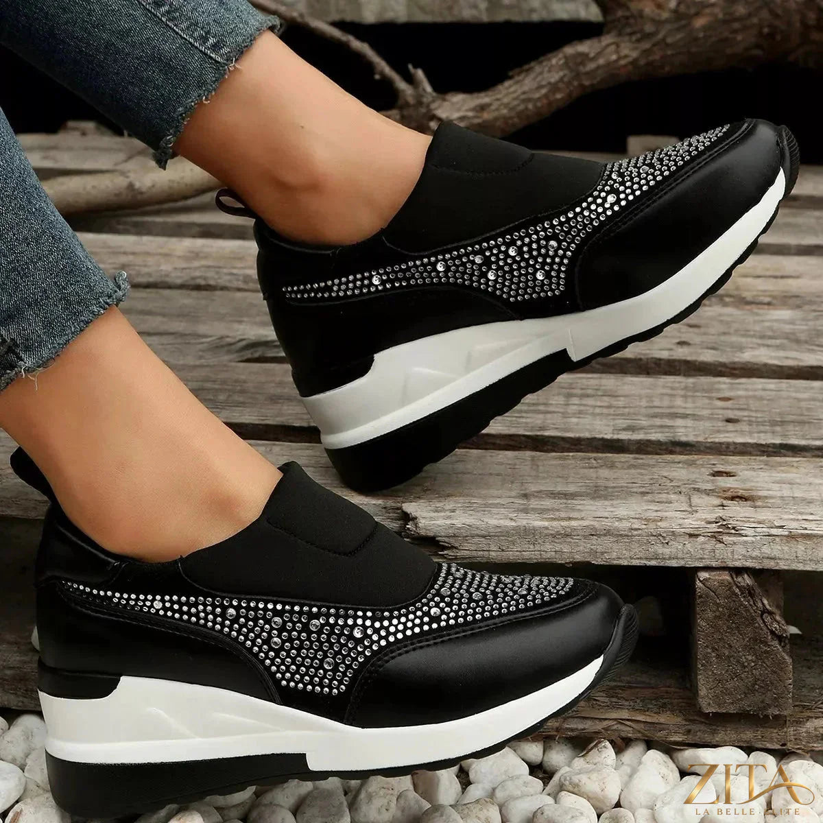 Rhinestone embellished Zita La Belle Elite wedge sneakers with sparkling details and a trendy casual design.