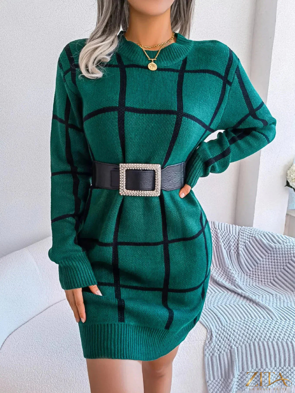 Zita La Belle Elite plaid pattern long sleeve sweater dress with a cozy fit and stylish design.