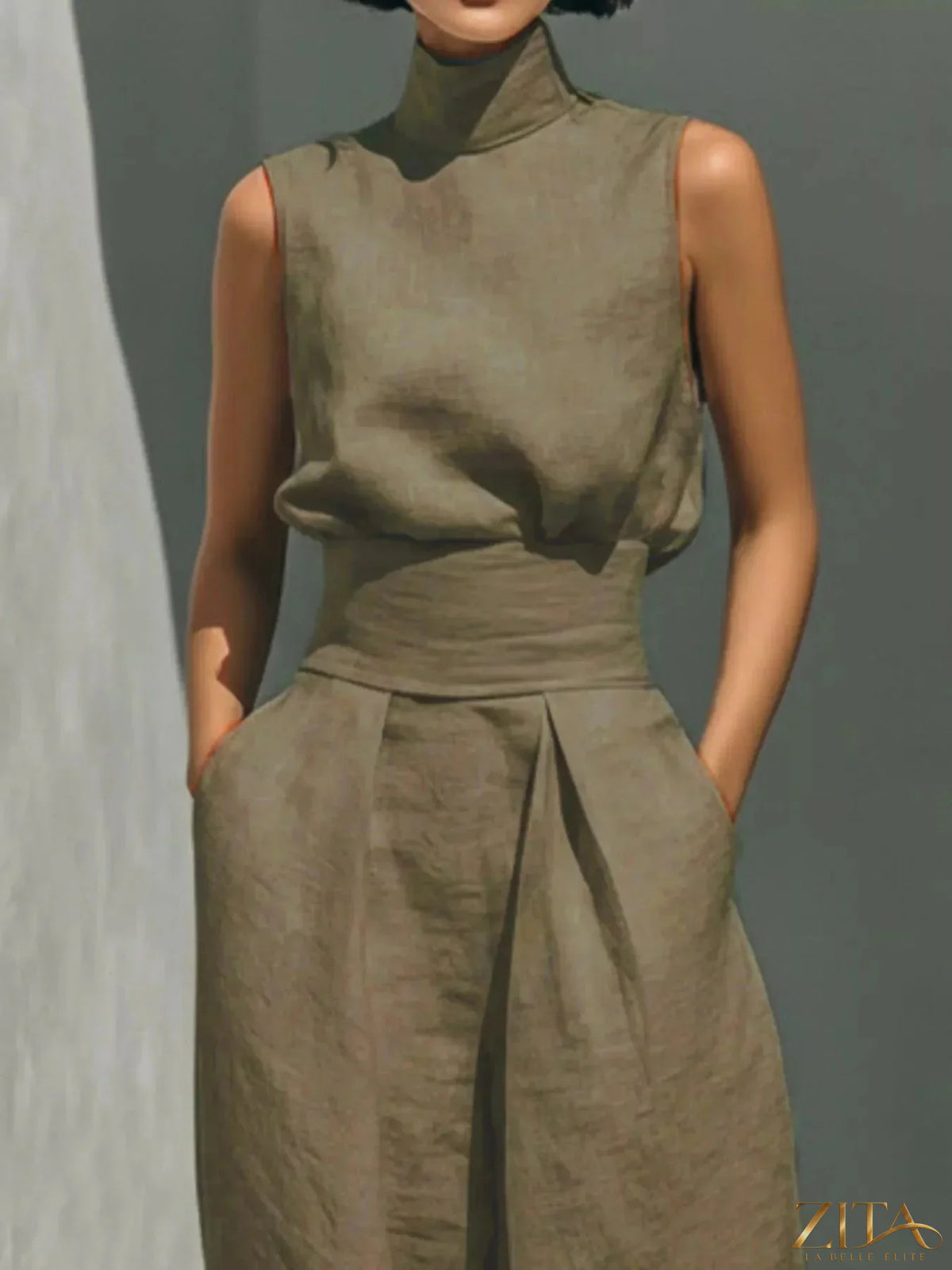 Plus size Zita La Belle Elite sleeveless turtleneck top and wide-leg pants set, shown in a full size, stylish and comfortable fashion.