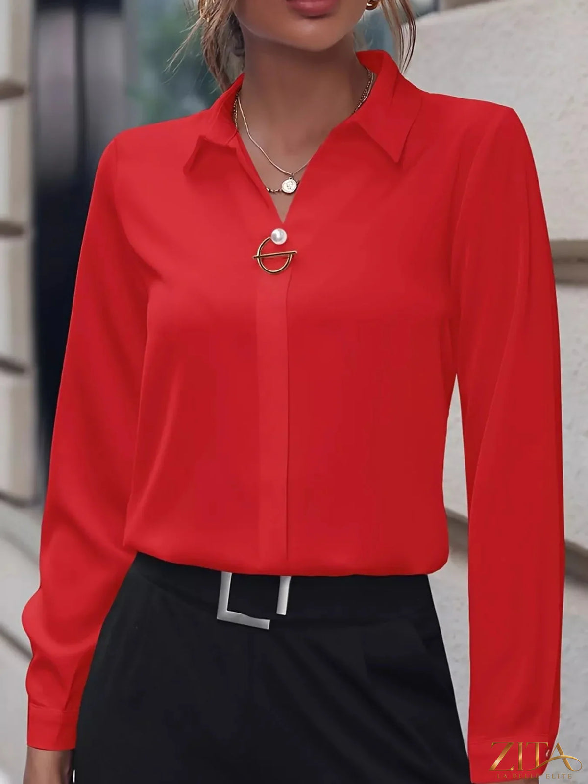 Zita La Belle Elite long sleeve satin blouse in soft silk-like fabric, with a classic collar and button closure.